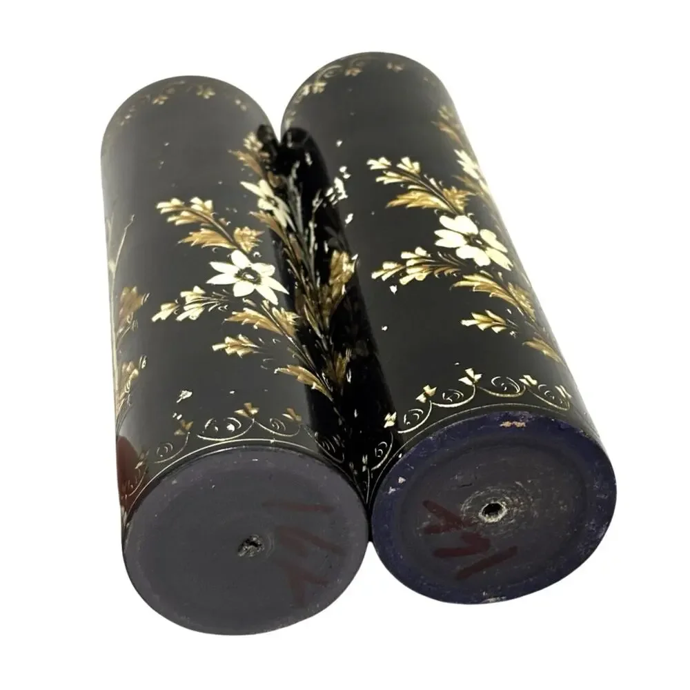 Wooden candle holders black lacquer Asian style gold & white cherry tree motif